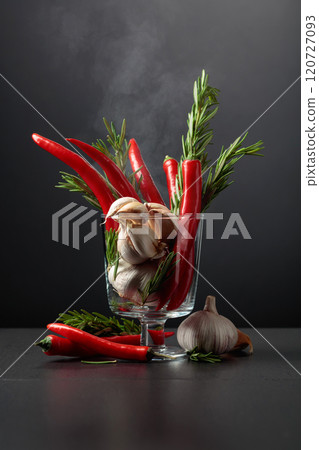 Red hot chili peppers, garlic, and rosemary on a black background. Red hot chili peppers, garlic, and rosemary on a black background. 120727093