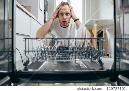 Surprised man holds his head after seeing a broken dishwasher Surprised man holds his head after seeing a broken dishwasher 120727101