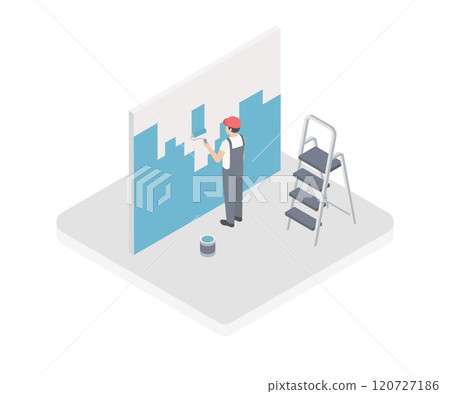 Vector home renovation isometric illustration. Professional worker with painting roller, tray, brush, ladder with bucket of paint and cloth. Painting walls, house construction concept. Isolated. 120727186