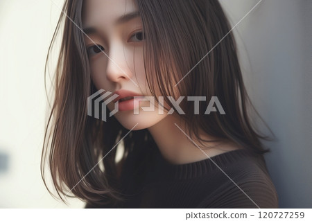 Beautiful female model wearing a sweater "AI generated image" 120727259