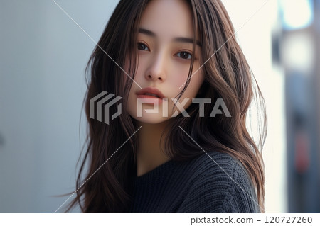 Beautiful female model wearing a sweater "AI generated image" 120727260