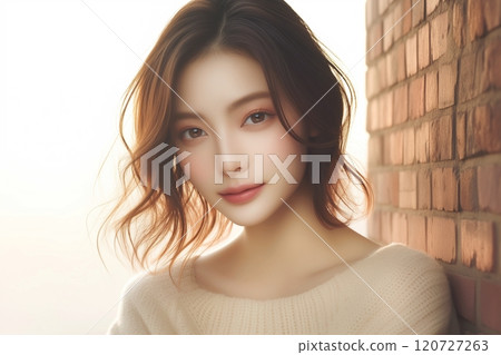 Beautiful female model wearing a sweater "AI generated image" 120727263