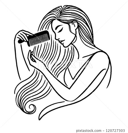 Woman combing her hair with a comb Woman combing her hair with a comb 120727303
