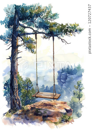 Watercolor painting of a mountain swing hanging from a large tree in the forest. 120727437