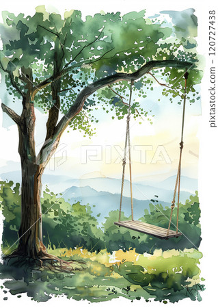 Watercolor painting of a mountain swing hanging from a large tree in the forest. 120727438