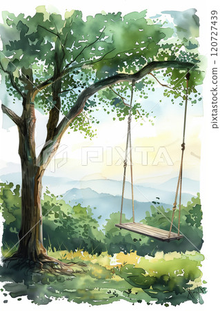 Watercolor painting of a mountain swing hanging from a large tree in the forest. 120727439
