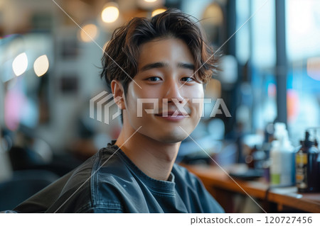 Asian man sitting in a barber chair in a beauty salon. 120727456