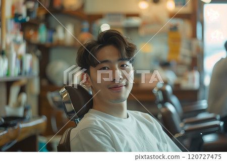 Asian man sitting in a barber chair in a beauty salon. 120727475