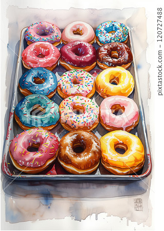 Watercolor painting of colorful donuts on a tray in the oven. 120727488