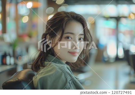 Asian woman sitting in a barber chair in a beauty salon. 120727491