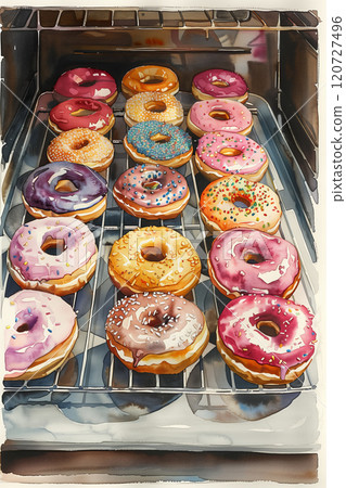 Watercolor painting of colorful donuts on a tray in the oven. 120727496
