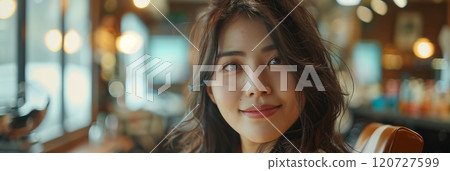 Asian woman sitting in a barber chair in a beauty salon. 120727599