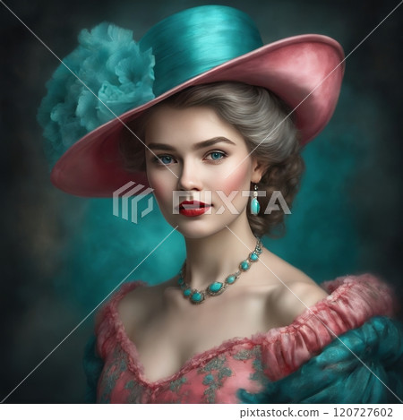 Elegant woman in vintage pink attire, charming portrait 120727602
