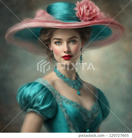 Elegant woman in vintage pink attire, charming portrait 120727605