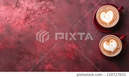 Top view of two cups of cappuccino with heart shaped latte art on burgundy background with place for text 120727632