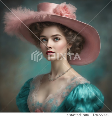 Elegant woman in vintage pink attire, charming portrait Elegant woman in vintage pink attire, charming portrait 120727640