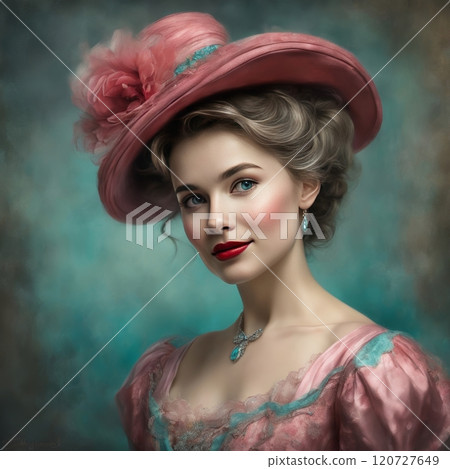 Elegant woman in vintage pink attire, charming portrait Elegant woman in vintage pink attire, charming portrait 120727649