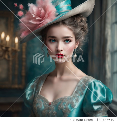 Elegant woman in vintage pink attire, charming portrait 120727659