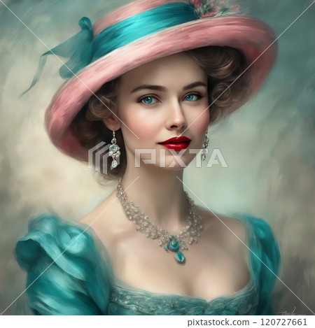 Elegant woman in vintage pink attire, charming portrait Elegant woman in vintage pink attire, charming portrait 120727661