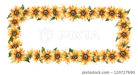 Sunflower Frame. Autumn yellow garden flowers. Watercolor hand drawn floral illustration isolated on white background for fall design, botanical cards, cozy prints, floral labels, kitchen textile Sunflower Frame. Autumn yellow garden flowers. Watercolor hand drawn floral illustration isolated on white background for fall design, botanical cards, cozy prints, floral labels, kitchen textile 120727690