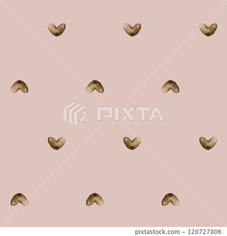Cute heart. Brown little love hearts. Watercolor minimalistic simple seamless pattern on dusty pink background for nursery design, kids textile, companion fabric, wrapping paper, baby children clothes 120727806