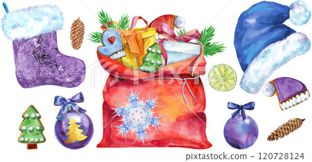 Christmas Santa hat, bag, ball and sock for gift, watercolor illustration Christmas Santa hat, bag, ball and sock for gift, watercolor illustration 120728124