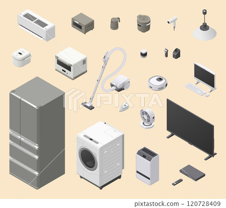 使用等角投影繪製的家用電器插圖，共 20 張。 120728409