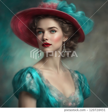 Elegant woman in vintage pink attire, charming portrait Elegant woman in vintage pink attire, charming portrait 120728431