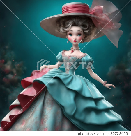 Elegant woman in vintage pink attire, charming portrait 120728433
