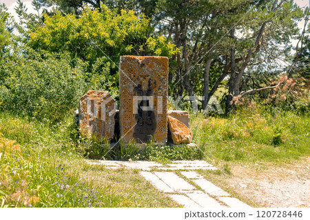 Exquisite architectural detail at Sevanavank monastery in Armenia surrounded by natures beauty 120728446
