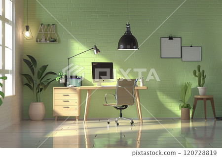 Minimalist office interior, 3D animation, flat design with ergonomic furniture 120728819