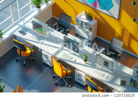 Flat design office environment, 3D animation, desks, chairs, and computers Flat design office environment, 3D animation, desks, chairs, and computers 120728829