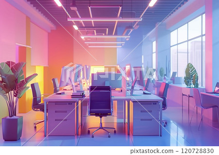 Flat design office environment, 3D animation, desks, chairs, and computers Flat design office environment, 3D animation, desks, chairs, and computers 120728830