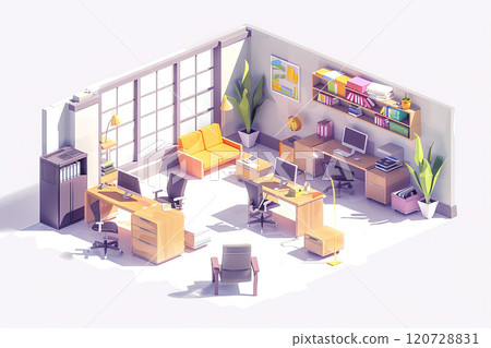 Flat design office environment, 3D animation, desks, chairs, and computers 120728831