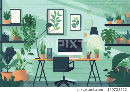 Modern workspace in flat design, 3D animation, open space with plants and decor 120728832