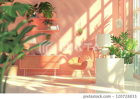 Modern workspace in flat design, 3D animation, open space with plants and decor Modern workspace in flat design, 3D animation, open space with plants and decor 120728833
