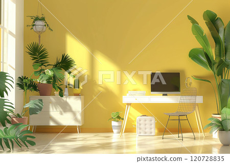 Modern workspace in flat design, 3D animation, open space with plants and decor 120728835