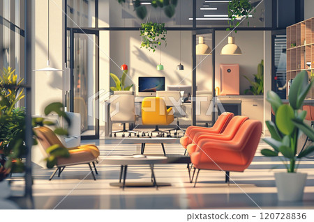 3D animated office setting, flat design, collaborative work areas 120728836
