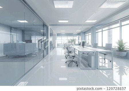 Office interior in flat design, 3D animation, featuring meeting room and desks 120728837