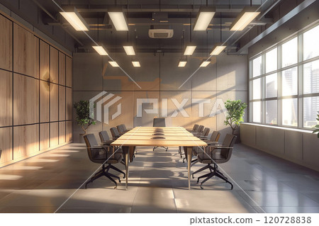 Office interior in flat design, 3D animation, featuring meeting room and desks 120728838