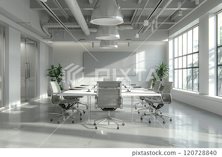 Office interior in flat design, 3D animation, featuring meeting room and desks 120728840