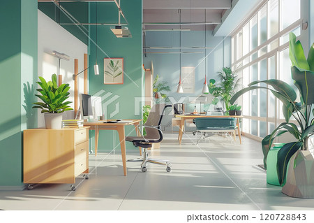 Animated office environment with flat design elements, 3D rendering, productivity-focused 120728843