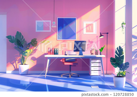 3D animated office interior, flat design, stylish workspace with modern decor 120728850