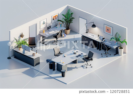Flat design office setup, 3D animation, featuring workstations and a meeting area Flat design office setup, 3D animation, featuring workstations and a meeting area 120728851
