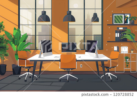 Flat design office setup, 3D animation, featuring workstations and a meeting area Flat design office setup, 3D animation, featuring workstations and a meeting area 120728852