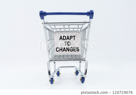 On a white background is a shopping cart with a sign that says - Adapt to Changes 120729076