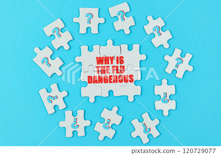 On a blue surface are puzzles with a question mark, in the center with the inscription - Why is the flu dangerous 120729077