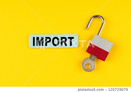 On the yellow surface is an open lock with a key and a sticker with the inscription - import 120729079
