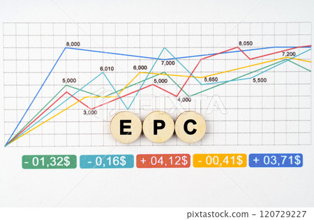 On the business chart are wooden circles with the inscription - EPC On the business chart are wooden circles with the inscription - EPC 120729227