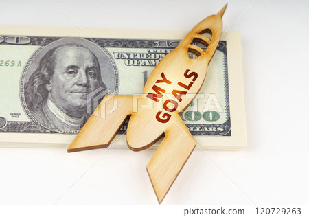 On the dollars lies a wooden model of a rocket with the inscription - My Goals 120729263